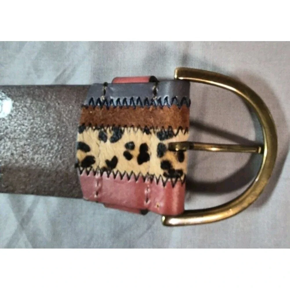 Linea Pelle Leather Mixed Media Panel Waist Belt Womens Size Medium Animal Print
